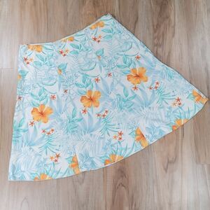 🔺️Hula Doll White & Teal Floral Print Silk Skirt Large